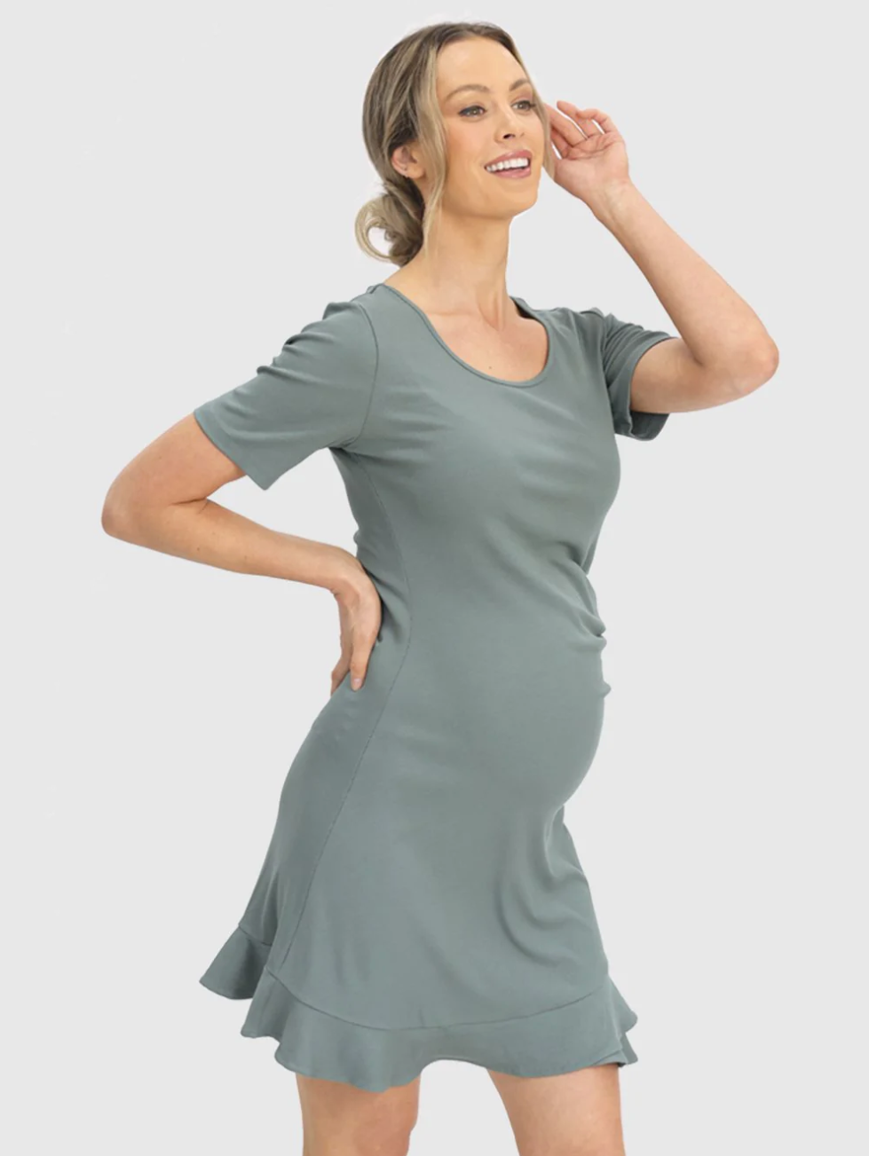 Sage Green Short Sleeve Frill Bottom Dress