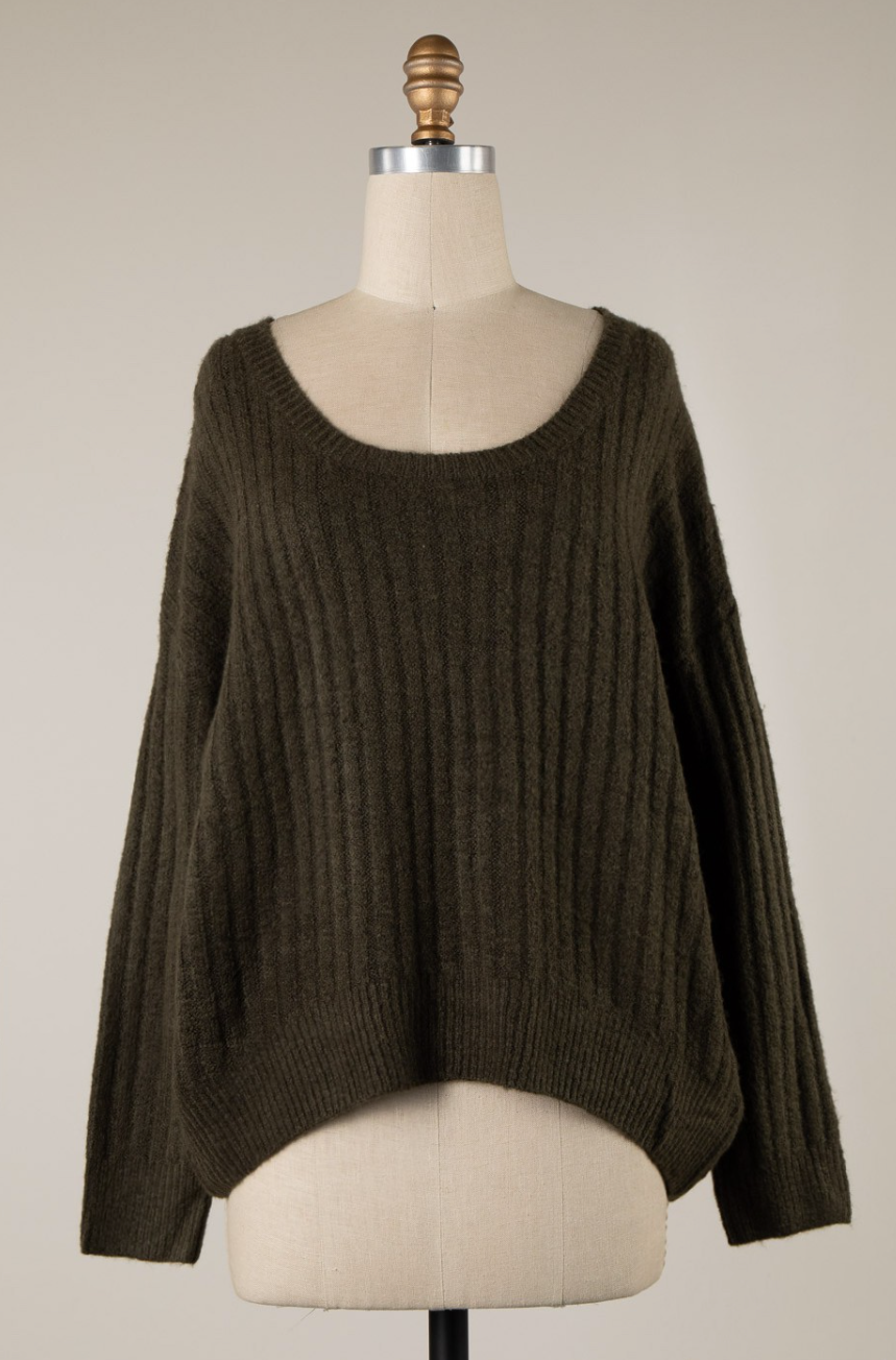 Olive Ribbed Knit Sweater