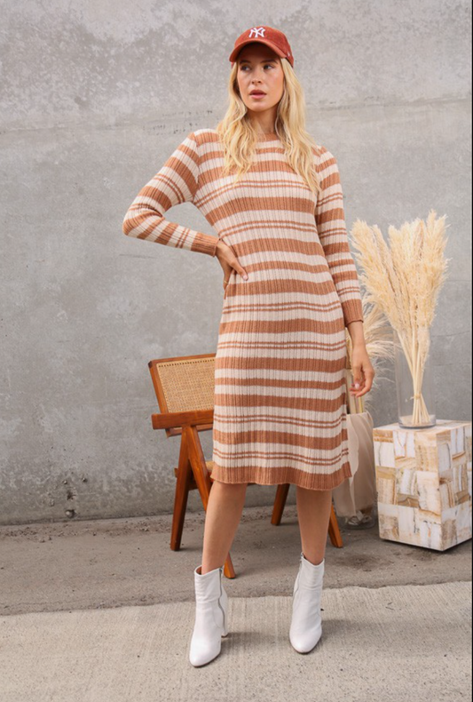 Terracotta Striped Ribbed Dress