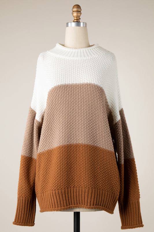 Ivory/Mocha Color Block Mock Neck Knit Sweater