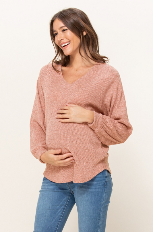 Dusty Pink Ribbed Long Sleeve Maternity Top