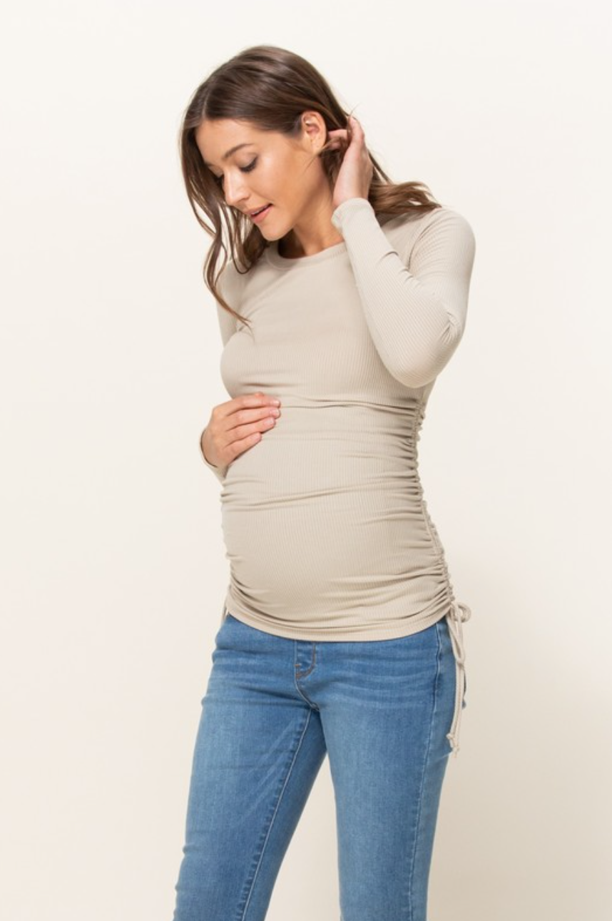 Taupe Ribbed Drawstring Long Sleeve Maternity Top