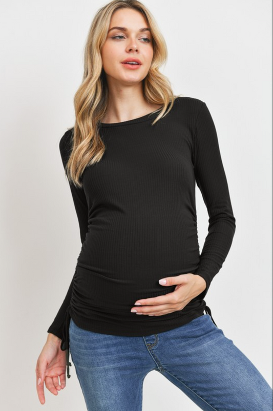 Black Ribbed Drawstring Long Sleeve Maternity Top