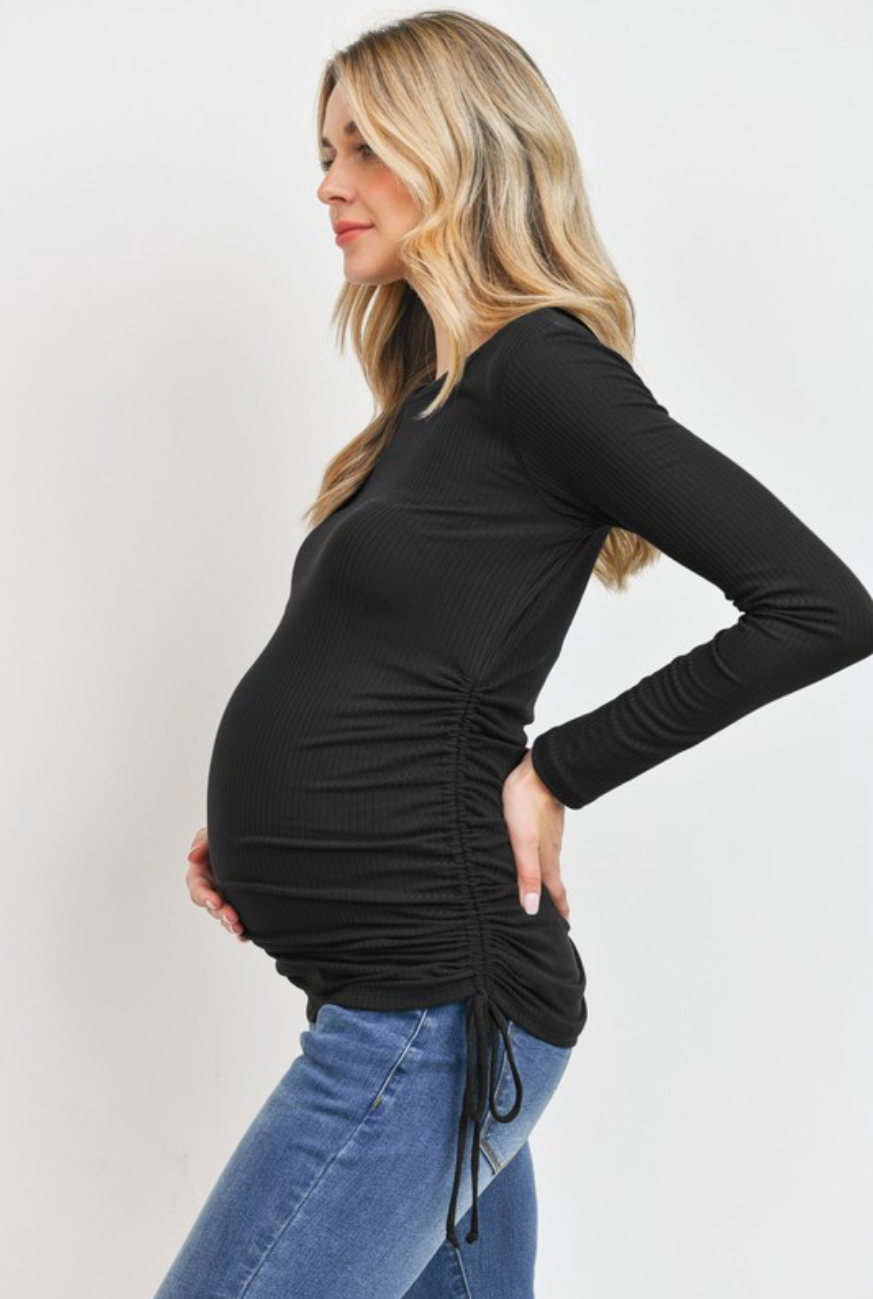 Black Ribbed Drawstring Long Sleeve Maternity Top