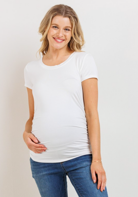 Off White Round Neck Side Ruched Maternity Tee
