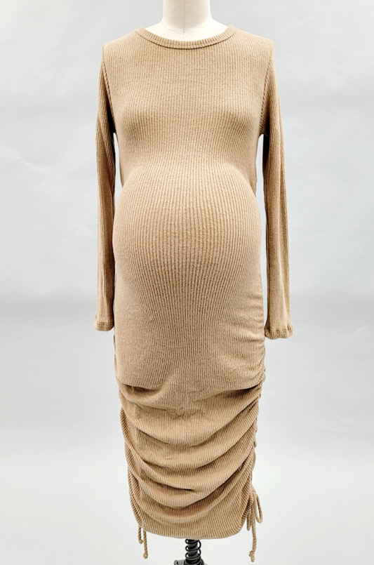 Khaki Rib Knit Drawstring Maternity Sweater Dress