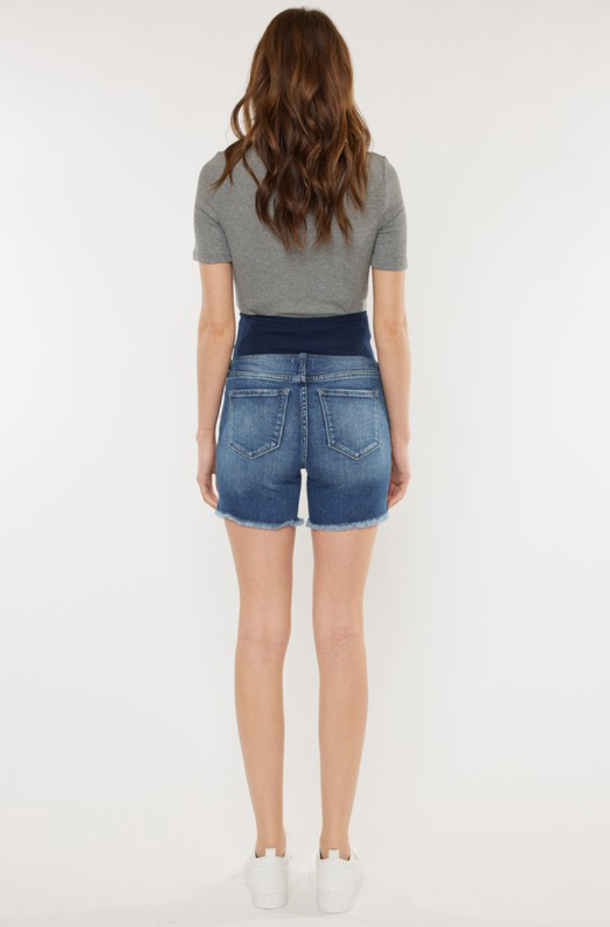 Medium Wash Distressed Maternity Denim Shorts