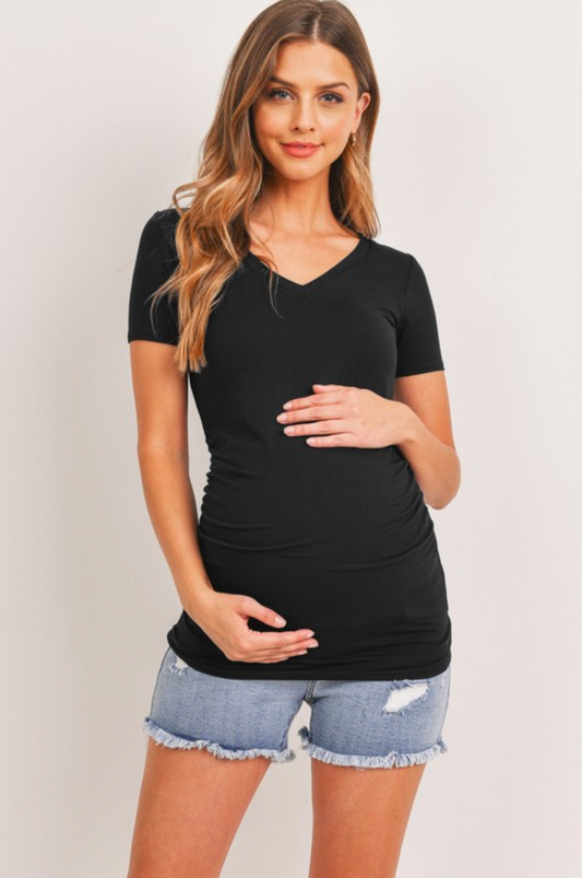 Black V-Neck Ruched Maternity Top